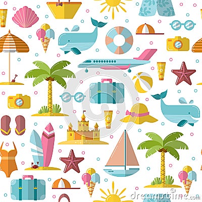 Summer flat seamless pattern with holyday and summer seasonal elements - palm, case, airplan, sun, sand and other. Flat Vector Illustration