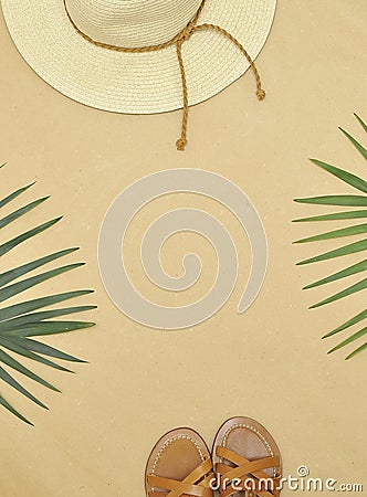 Summer flatlay . Hat, palm tree leaf. Stock Photo