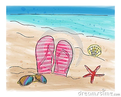 Summer flip flops in the sand on the beach. Vector Illustration