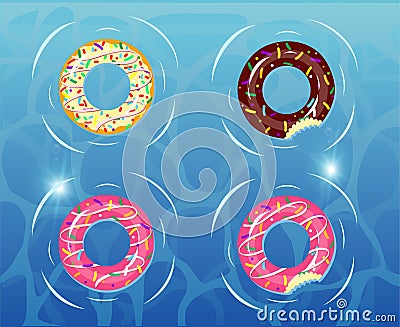Summer floater donuts set vector design. Inflatable swim rings and rubber toy swimming elements isolated in white Vector Illustration