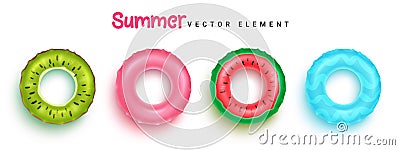 Summer floaters vector set design. Swimming 3d floater rings in fruit and patterns decoration isolated in white background. Vector Illustration