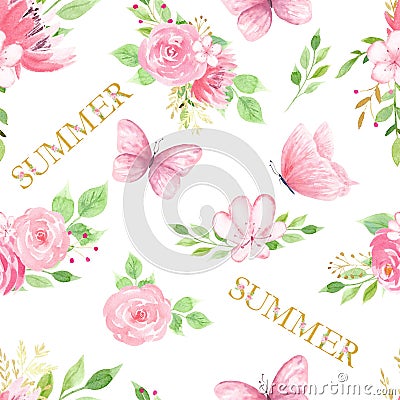 Summer flora and fauna raster seamless pattern Stock Photo