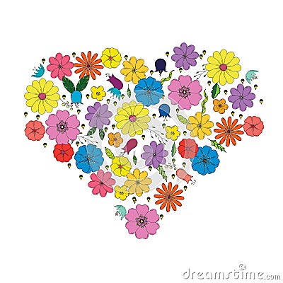 Summer flowers doodle in a heart Vector Illustration