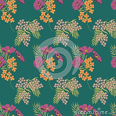 Summer flowers pattern. Thin line elements. Seamless vector floral green background. Seamless vector green floral pattern. Seamles Vector Illustration