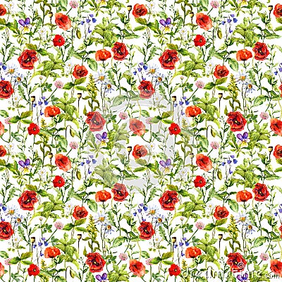 Summer flowers poppies, chamomile, grass. Seamless pattern. Watercolor Stock Photo