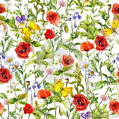 Summer flowers poppies, chamomile, grass. Seamless pattern. Watercolor Stock Photo