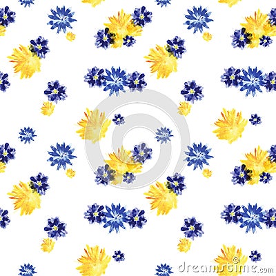 Summer flowers seamless pattern. Yellow dandelions, blue chicory and pansies, wildflowers. floral pattern on a white Cartoon Illustration