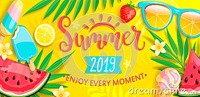 Summer flyer with summer symbols. Vector Illustration