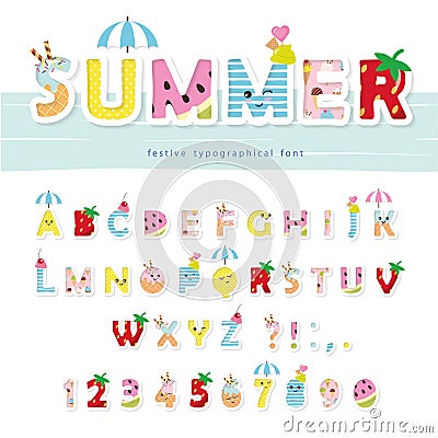 Summer font. Creative cartoon letters and numbers. For posters, banners, kids birthday, clothing design. Vector Illustration