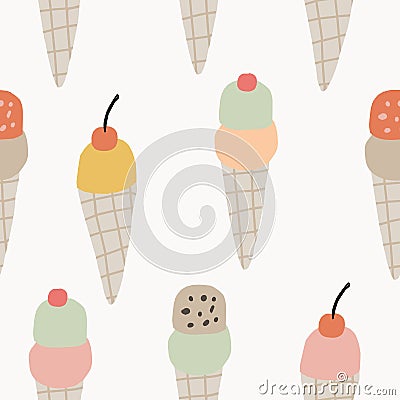 Summer food seamless pattern with coclorful ice creams. Hand darwn cute kids textile, fabric design with fruit and food Vector Illustration