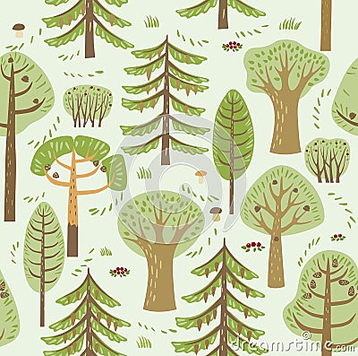 Summer forest. Coniferous and deciduous different trees grow on a green background. Between them, mushrooms, berries and bushes. S Vector Illustration