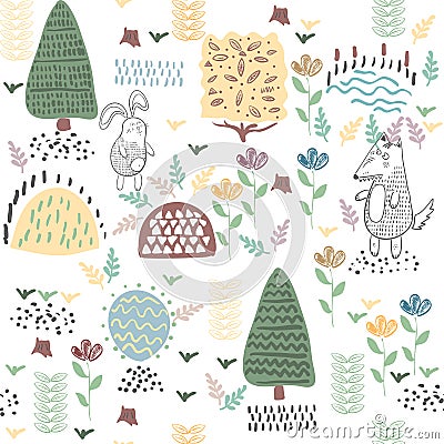 Summer forest seamless pattern with cute animals Vector Illustration