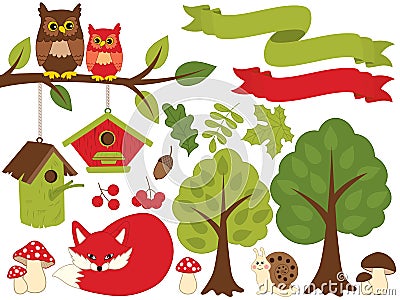 Summer Forest Set with Red Fox, Owls, Birdhouses, Trees, Mushrooms. Forest Set Clipart. Vector Illustration Vector Illustration