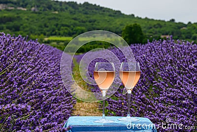 Summer in French Provence, cold gris rose wine from Cotes de Provence and blossoming colorful lavender fields on Valensole plateau Stock Photo