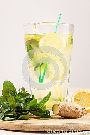 Summer fresh lemonade from lemons, mint and ginger. Detox Water Stock Photo