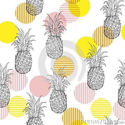 Summer fresh outline pineapple Seamless pattern with hand drawi Cartoon Illustration