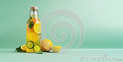 Summer freshness beverage in bottle on green. Generative AI. Stock Photo