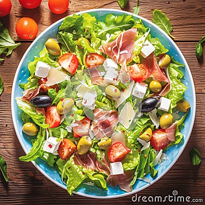 Summer freshness Mediterranean salad with lettuce, olives, tomatoes, prosciutto, and cheese Stock Photo