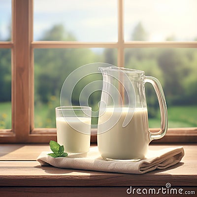 Summer freshness Milk in glass jug and glass on wooden table Stock Photo