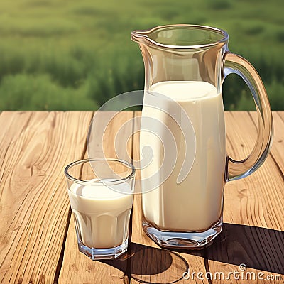 Summer freshness Milk in glass jug and glass on wooden table Stock Photo