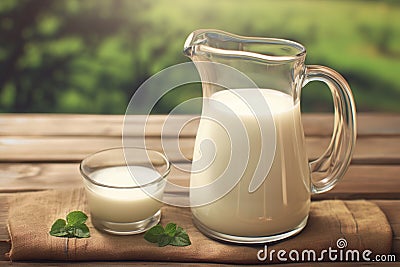 Summer freshness Milk in glass jug and glass on wooden table Stock Photo