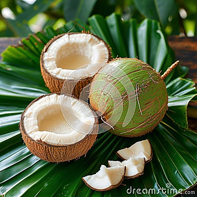 Summer freshness young Thai coconuts with white meat on leaves Stock Photo