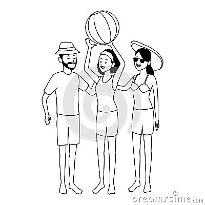 Summer friends enjoying summer in black and white Vector Illustration