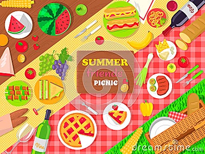 Summer Friends Picnic Poster with Delicious Food Vector Illustration