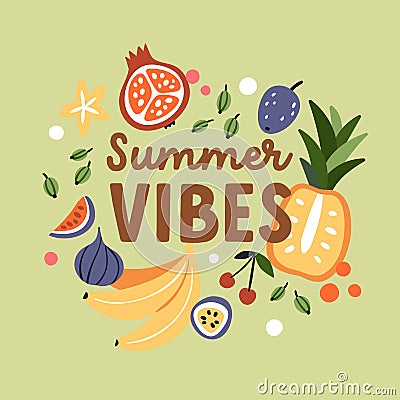 Summer fruit card with exotic tropical vitamin food. Fruity square background design with banana, pineapple, fig Vector Illustration