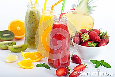 Summer Fruit cocktail smoothie with strawberries, pineapple and kiwi Stock Photo