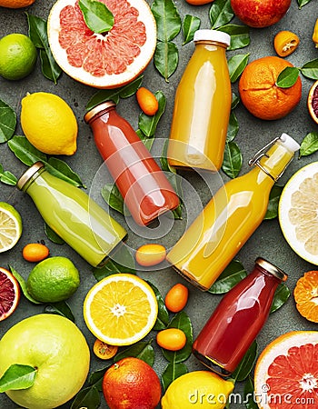 Summer fruit drinks. Citrus juices and smoothies in bottles, food background, top view. Mix of different whole and cut fruits: Stock Photo