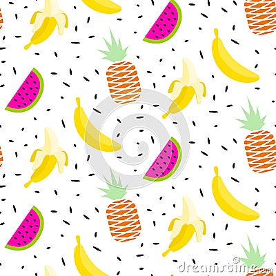 Summer fruit pattern with bananas, pineapples and watermelon. Vector Illustration