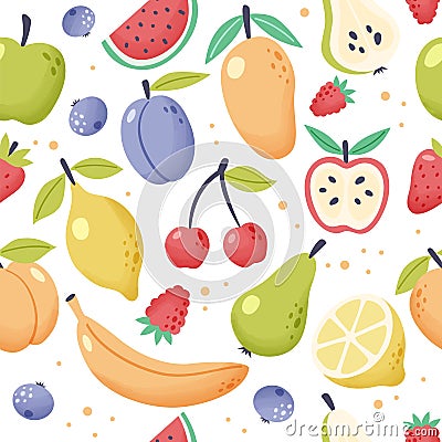 Summer fruit pattern. Fresh tropical and garden fruits doodle, organic biological vegan food. Cute cartoon vector Vector Illustration