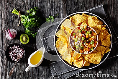 summer fruit salsa with tortilla chips on plate Stock Photo