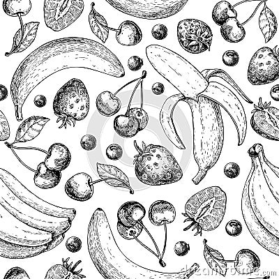 Summer fruit seamless pattern. Hand drawn vintage vector background. Fruit and berry set of banana, cherry, srawberry, Vector Illustration