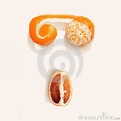 Summer fruits as face from tangerine and red orange. Creative citrus fruit food flat lay in minimal style Stock Photo