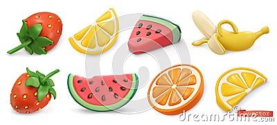 Summer fruits icon set with shadows. Strawberries, watermelon, lemon, orange, banana vector objects. Plasticine art Vector Illustration