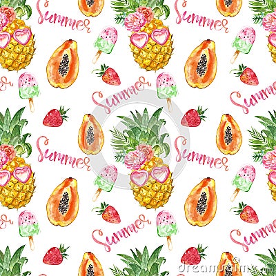 Summer fruits seamless pattern. Fun and cute print with pineapple, papaya, strawberry and fruit popsicles on white background Stock Photo