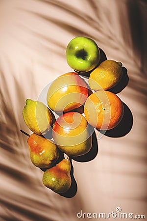 Summer fruits top view. Contemporary still life, pale pink background, hard light and palm leaves shadow pattern Stock Photo