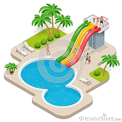 Summer fun at aqua park. Child with parents on water slide at aquapark. Summer holiday. Flat 3d vector isometric Vector Illustration