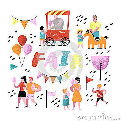 Summer Fun Fair. Amusement Park Characters with Cartoon People. Family Kids Vacation Vector Illustration