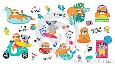 Summer fun illustration with cute characters of koalas and sloths, having fun. Pool, sea and beach summer activities Vector Illustration