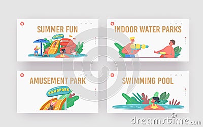 Summer Fun Landing Page Template Set. Kids Characters in Aquapark, Amusement Park with Water Attractions Vector Illustration