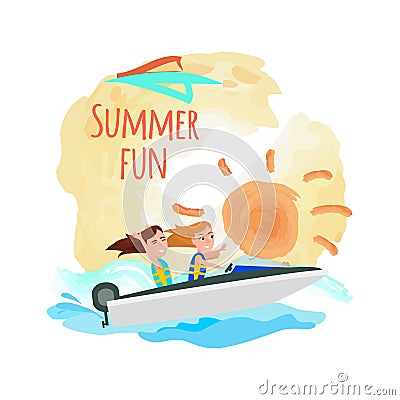 Summer Fun Poster Boating Girls, Water Adventure Vector Illustration