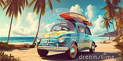 beach retro road vacation car vintage summer tropical trip travel. Generative AI. Stock Photo