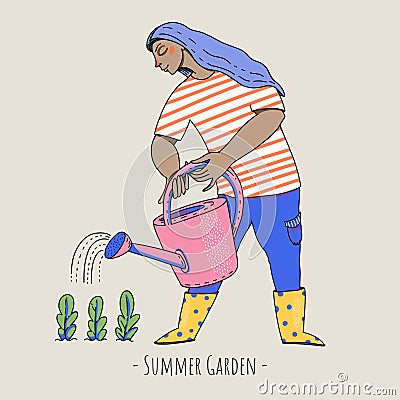 Summer garden people, cartoon character natural greeting card Stock Photo