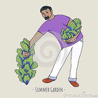 Summer garden people, cartoon character natural greeting card Stock Photo