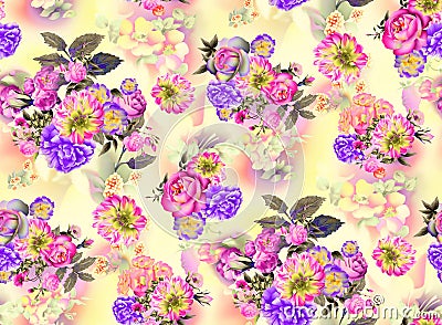 Summer garden roses and iris flowers watercolor seamless pattern on yellow background Stock Photo