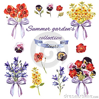 Summer garden`s set with flowers and bouquets Stock Photo