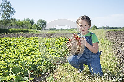 In summer, in the garden, a small, cute, curly girl holds a bask Stock Photo